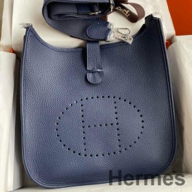 Hermes Evelyne III PM 29 Handmade Bag in Blue Saphir Clemence Leather