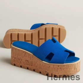 Hermes Eze 30 Cork Platform Sandals in Blue Suede Leather