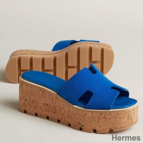 Hermes Eze 30 Cork Platform Sandals in Blue Suede Leather