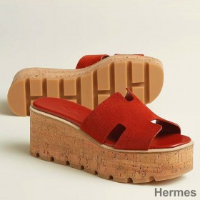 Hermes Eze 30 Cork Platform Sandals in Piment Suede Leather