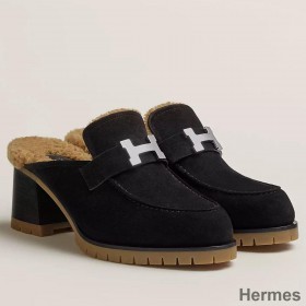 Hermes Flore 60 Mules in Black Suede with Shearling