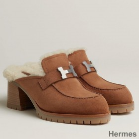 Hermes Flore 60 Mules in Brown Suede with Shearling