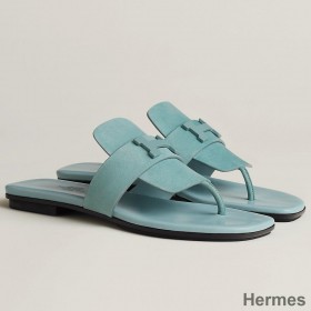 Hermes Galerie Sandals In Vert D'eau Suede Leather