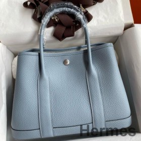 Hermes Garden Party 30 Handmade Bag in Blue Lin Clemence Leather