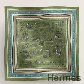 Hermes Green Tatouages Marins Bandana Shawl 140