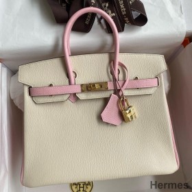 Hermes HSS Birkin 25 Bicolor Bag in Craie and Pink Chevre Mysore Leather