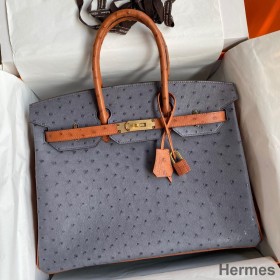 Hermes HSS Birkin 35 Bicolor Bag in Gris Agate and Gold Ostrich Leather