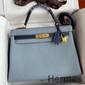 Hermes HSS Kelly 32 Bicolor Bag in Blue Lin and Blue Clemence Leather