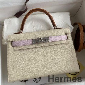 Hermes HSS Kelly Mini II Sellier Tri - color Bag In Craie/Pink/Gold Epsom Calfskin