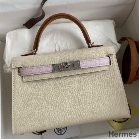 Hermes HSS Kelly Mini II Sellier Tri - color Bag In Craie/Pink/Gold Epsom Calfskin