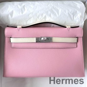 Hermes HSS Kelly Pochette Bicolor Bag in Pink and Craie Swift Calfskin