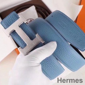 Hermes H Belt Buckle & Blue Clemence 32 MM Strap