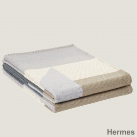 Hermes H Drapeau Blanket in Acier and Perle Cashmere