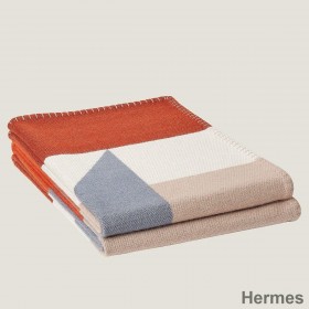 Hermes H Drapeau Blanket in Terracotta and Grey Cashmere