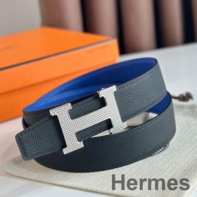 Hermes H Guillochee Reversible Belt 32MM in Black and Blue Epsom Calfskin