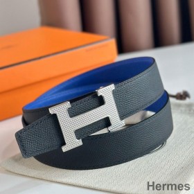 Hermes H Guillochee Reversible Belt 32MM in Black and Blue Epsom Calfskin