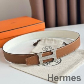 Hermes H Guillochee Reversible Belt 32MM in Gold and White Epsom Calfskin