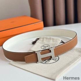 Hermes H Guillochee Reversible Belt 32MM in Gold and White Epsom Calfskin