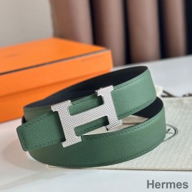 Hermes H Guillochee Reversible Belt 32MM in Green and Black Epsom Calfskin