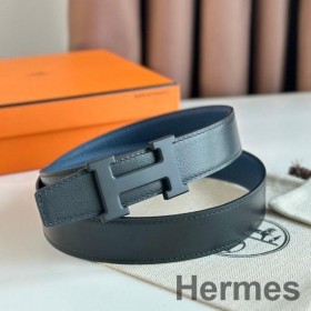Hermes H Reversible 32MM Belt with Matte Buckle in Blue Clemence Leather