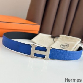 Hermes H Reversible Belt 32MM in Blue and Black Epsom Leather