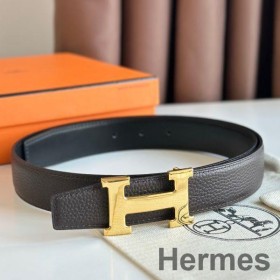Hermes H Reversible Belt 32MM in Chocolate Clemence Leather