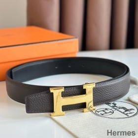 Hermes H Reversible Belt 32MM in Chocolate Clemence Leather