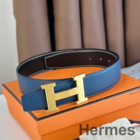 Hermes H Reversible Belt 38MM in Blue Clemence Leather