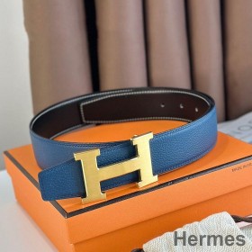 Hermes H Reversible Belt 38MM in Blue Clemence Leather