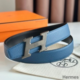 Hermes H Speed Reversible Belt 32MM in Blue Jean Clemence Leather