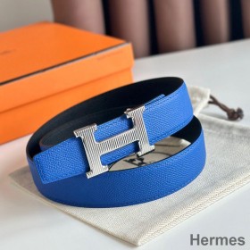 Hermes H Striee Reversible Belt 32MM in Blue and Black Epsom Calfskin