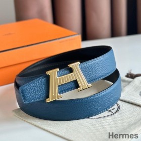 Hermes H Take Off Reversible Belt 32MM in Blue Clemence Leather