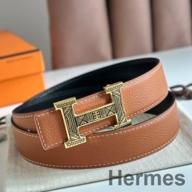 Hermes H Touareg Reversible Belt 32MM in Gold Clemence Leather