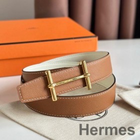 Hermes H d'Ancre Reversible Belt 32MM in Gold and White Epsom Calfskin