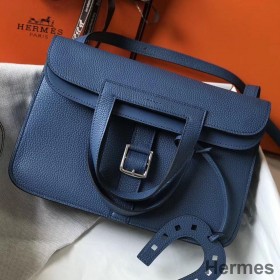 Hermes Halzan 31cm Bag In Blue Agate Clemence Leather