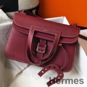 Hermes Halzan 31cm Bag In Bordeaux Clemence Leather