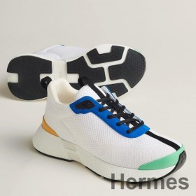 Hermes Heros Sneakers in White Knit and Blue Suede