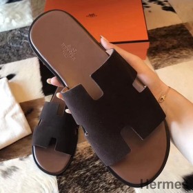 Hermes Izmir Sandals In Chocolate Suede Leather