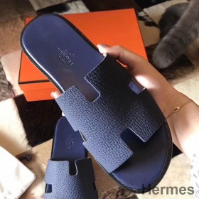 Hermes Izmir Sandals In Navy Blue Clemence Leather