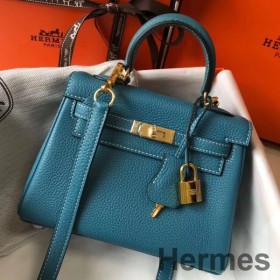 Hermes Kelly 20cm Bag In Blue Jean Clemence Leather GHW