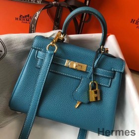 Hermes Kelly 20cm Bag In Blue Jean Clemence Leather GHW