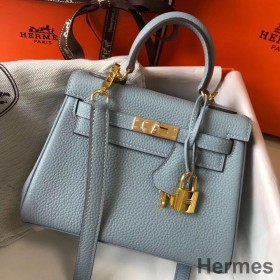 Hermes Kelly 20cm Bag In Blue Lin Clemence Leather GHW