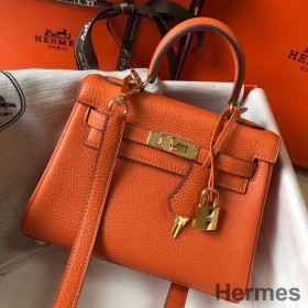 Hermes Kelly 20cm Bag In Orange Clemence Leather GHW