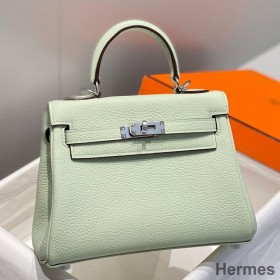 Hermes Kelly 20cm Bag In Vert Fizz Clemence Leather PHW