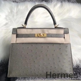 Hermes Kelly 25cm Handmade Bag In Gris Asphalt Ostrich Skin