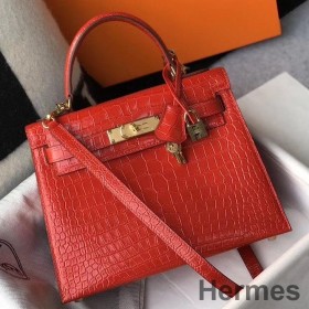 Hermes Kelly 25cm Handmade Bag In Red Embossed Crocodile Leather
