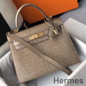 Hermes Kelly 25cm Handmade Bag In Taupe Embossed Crocodile Leather