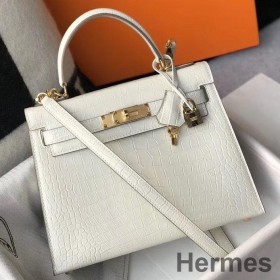 Hermes Kelly 25cm Handmade Bag In White Embossed Crocodile Leather