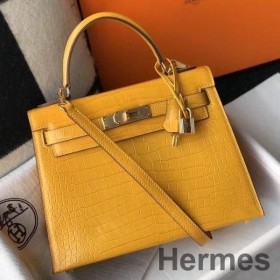Hermes Kelly 25cm Handmade Bag In Yellow Embossed Crocodile Leather