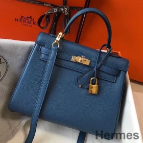 Hermes Kelly 25cm Retourne Bag In Agate Blue Clemence Leather